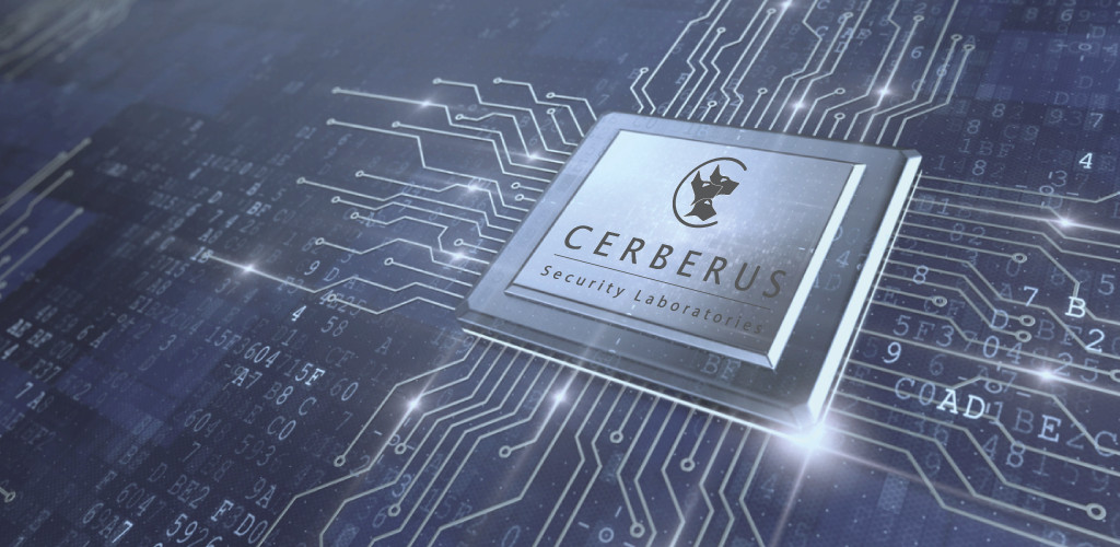Silicon chip with Cerberus logo